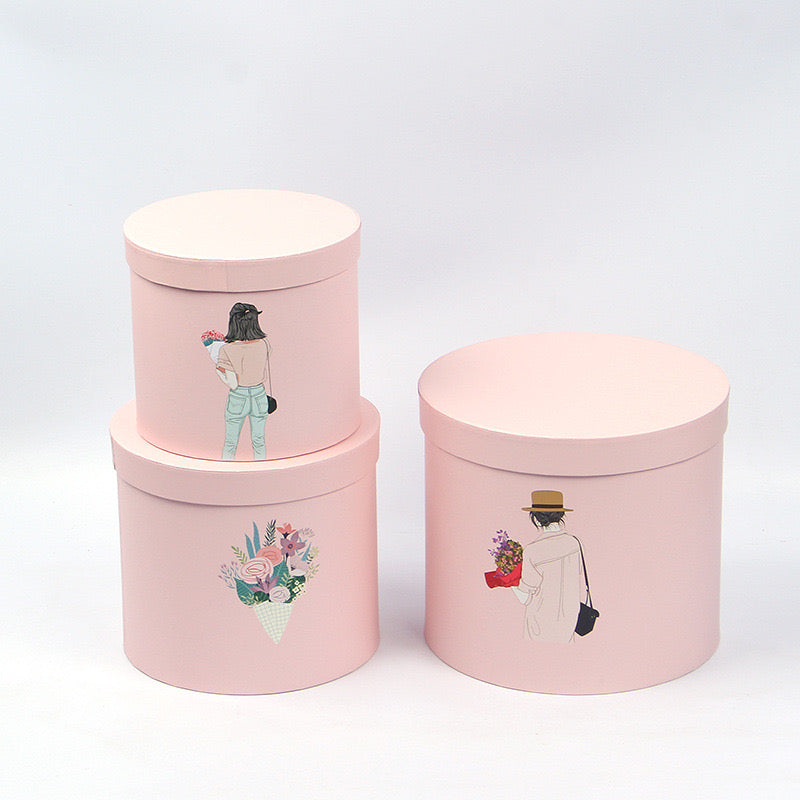 Flower Hat Box Round XL Flower Girl Pink 24x21cmH Set 3