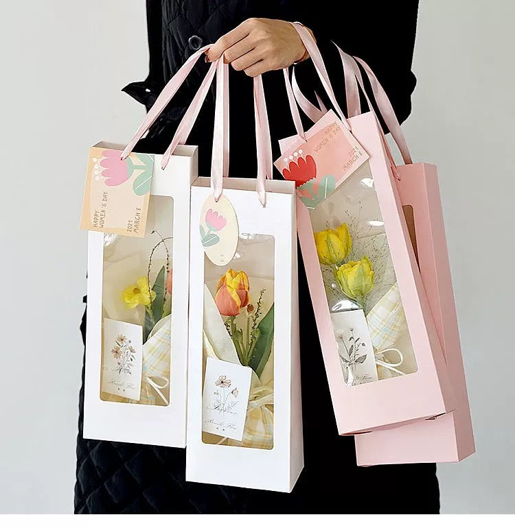 Window Posy Paper Gift Bag Pink Pack 10 (34*13*8cmH)