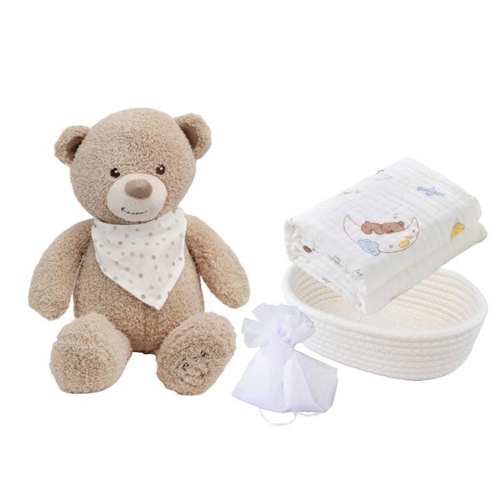Manon Des Pres®️ Premium Baby Hamper Gift Basket Bear Ozzy Beige with 100% Cotton Blanket
