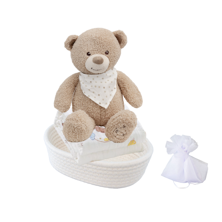 Manon Des Pres®️ Premium Baby Hamper Gift Basket Bear Ozzy Beige with 100% Cotton Blanket