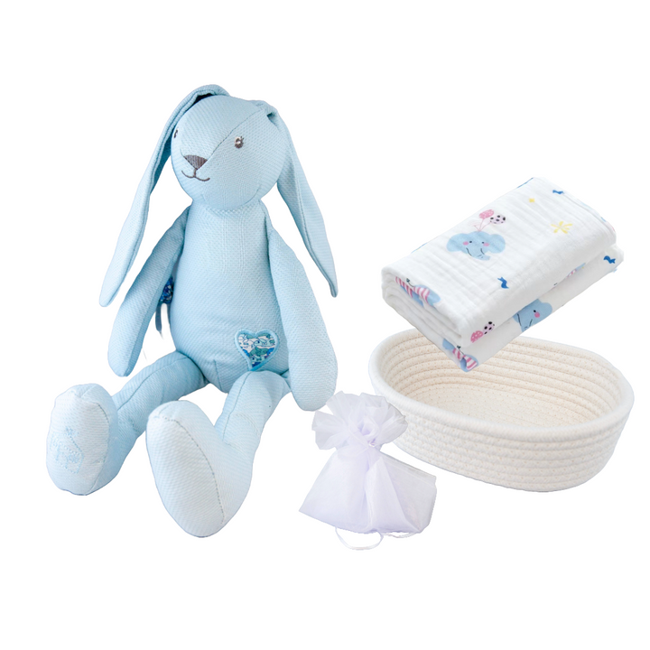 Manon Des Pres®️ Premium Baby Hamper Gift Basket Bunny Blue with 100% Cotton Blanket