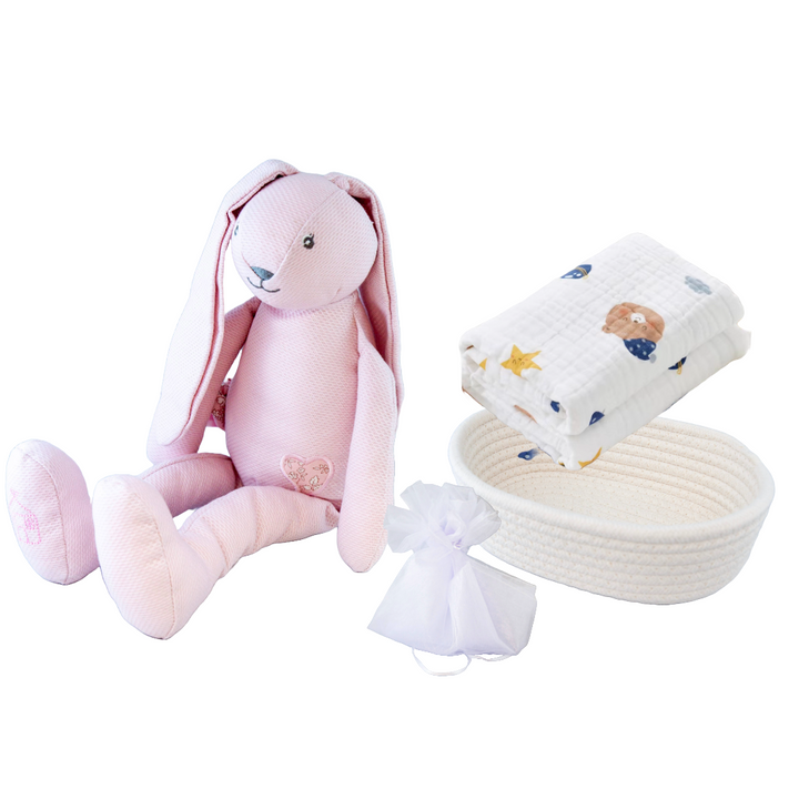 Manon Des Pres®️ Premium Baby Hamper Gift Basket Bunny Pink with 100% Cotton Blanket