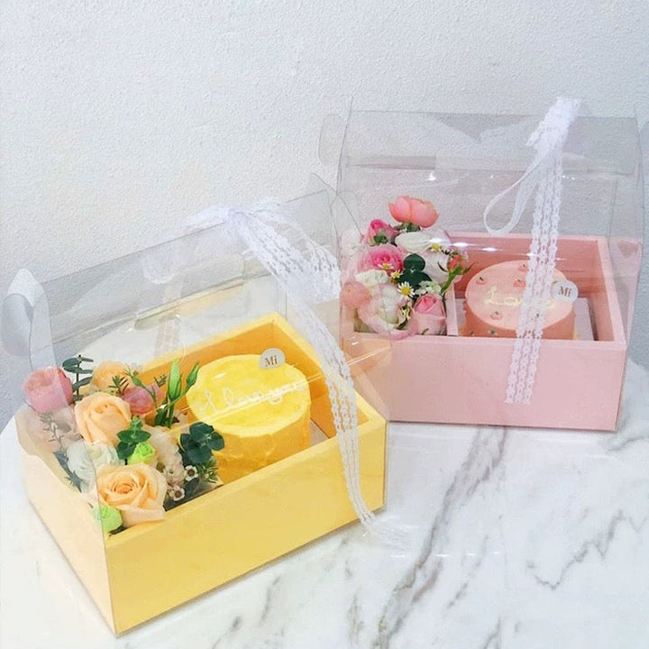 Flower Cake Carry Box with PVC top pack 5 (30*26.5*10cm white box size)