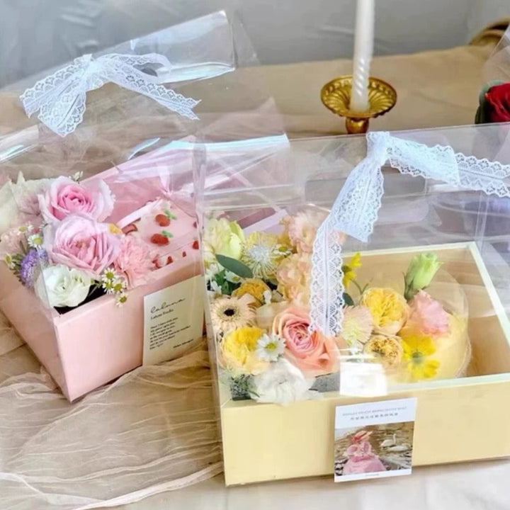 Flower Cake Carry Box with PVC top pack 5 (30*26.5*10cm white box size)